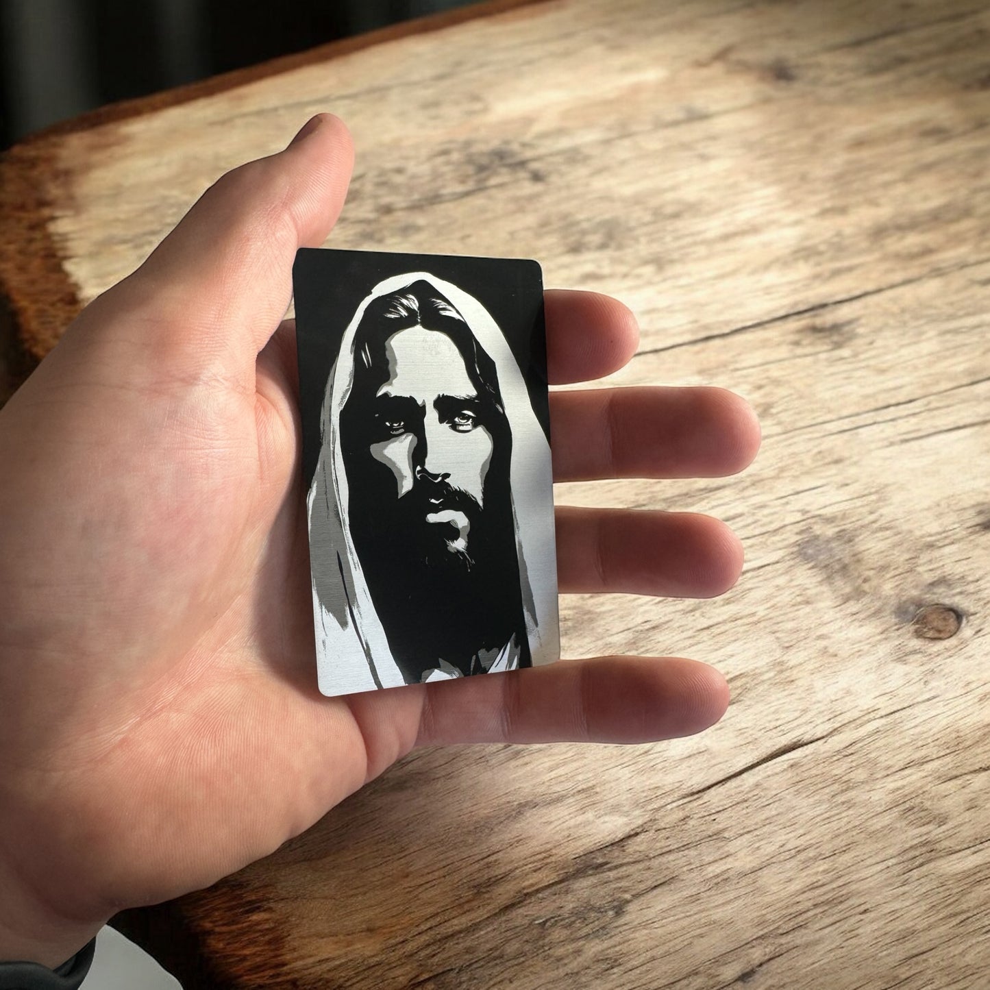 Portrait of Jesus - Laser Engraved Wallet Sized 0.2mm Anodized Aluminum Metal Card